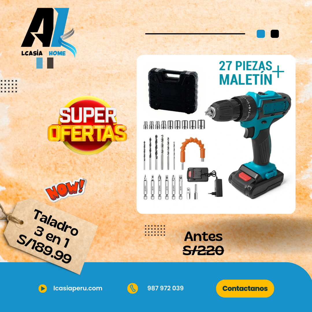 Taladro 3 en 1 Ideal para todo tipo de superficies, trabajos y retos. 32 piezas + estuche.